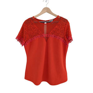H&M Orange Lace Fitted Short Sleeve Blouse Top Women's Size L